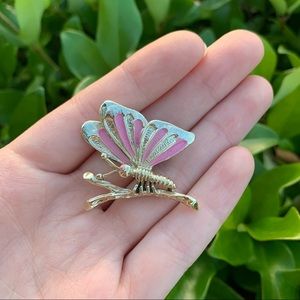Vintage Silver (gold?) & Pink Gerry’s Brooch/Pin Butterfly on Branch